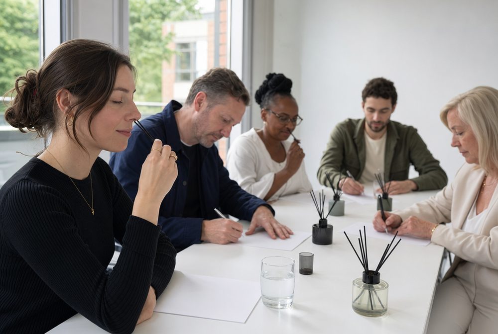 Panel members around a table smelling reed diffuser reeds and writing notes