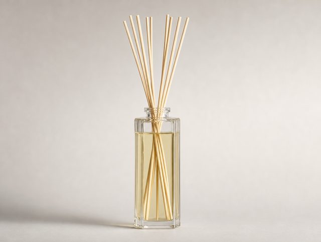 Illustrative tall glass reed diffuser bottle with long natural sticks