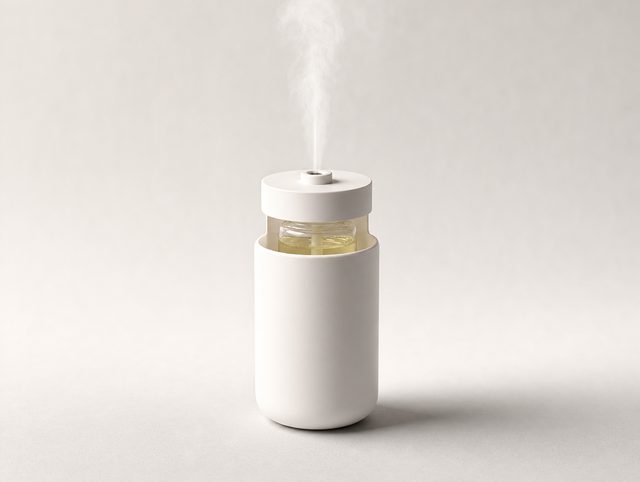 Illustrative compact white cordless waterless diffuser releasing a fine mist