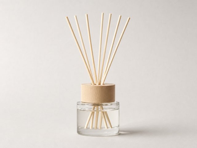 Illustrative small glass jar reed diffuser with a wooden cap and pale reeds