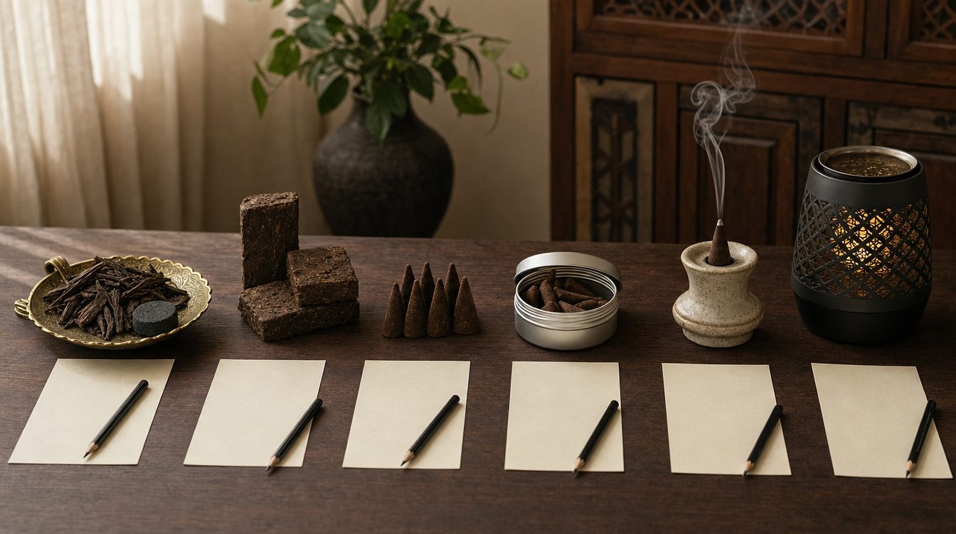Bakhoor wood chips, bakhoor bricks, oud incense cones, a tin of cones, a lit cone and an electric bakhoor burner lined up on a walnut table with blank score cards