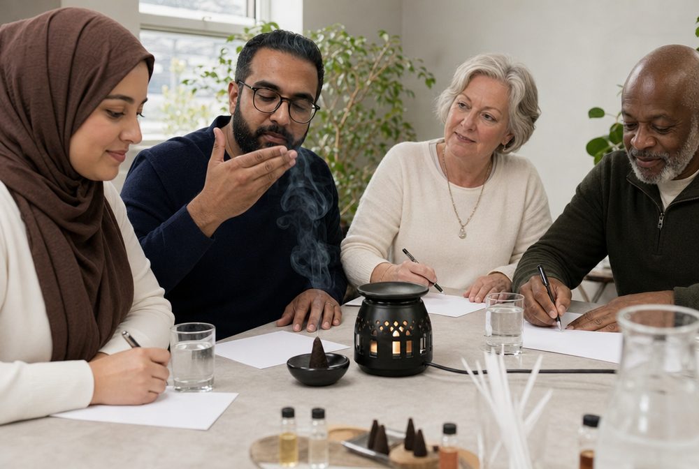 People around a table comparing the scent of a lit incense cone and an electric bakhoor burner
