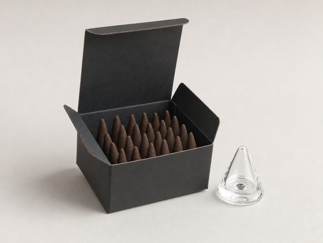 Illustrative black box of twenty incense cones with a small glass cone burner