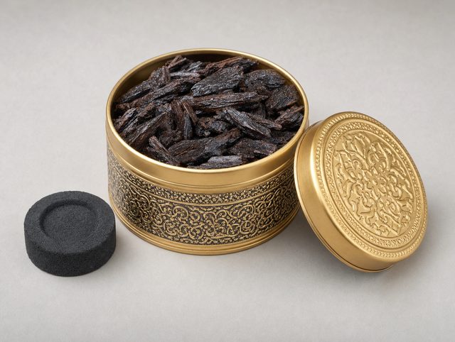 Illustrative ornate gold tin of bakhoor wood chips beside a charcoal tablet
