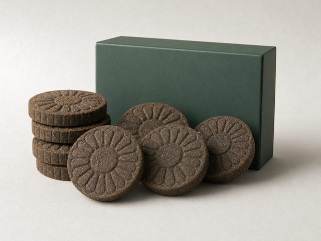 Illustrative stack of pressed round bakhoor discs in front of a dark green box